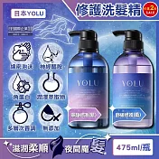 (2瓶任選超值組)日本YOLU-夜間密集滋潤柔順多層次香氛精華修護洗髮精475ml/瓶(養髮潤澤露,美容液護髮素,防頭皮味洗髮水,無新增矽靈成分,呵護染燙粗硬自然捲) 寧靜修護(紫)*2瓶