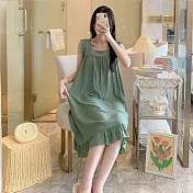 【Wonderland】100%嫘縈純欲風寬吊帶方領睡衣洋裝(5款) FREE 清新純色(綠)