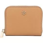 TORY BURCH 雙T-LOGO素面皮革零錢包-駝色
