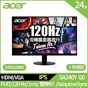 Acer SA240Y G0 24型120hz護眼螢幕(FHD,120Hz,1ms,IPS,HDMI,VGA)