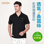 IOIIOI歐洲貴族 桑蠶絲 男裝 短袖涼感POLO衫 休閒商務POLO 防皺 透氣吸濕排汗 L 黑色