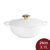 Le Creuset 永恆花蕾系列 典藏媽咪鑄鐵鍋 24cm 3.1L 棉花白 淡金頭 法國製 媽咪鍋 炒鍋 湯鍋 燉鍋 (電磁爐 IH爐可用)