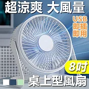 8吋USB降噪大風量桌上型風扇攜帶型電風扇 白色
