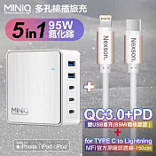 MiniQ-AC-DK200T氮化鎵五孔2A3C 95W 充電器白+NEXSON 蘋果認證 Type-C to Lightning-玫瑰金色