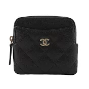 CHANEL 淡金色CC Logo 荔枝牛皮ㄇ形拉鍊附5卡零錢包 (黑色)