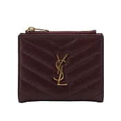 YSL 金字Logo 山形紋粒紋牛皮暗釦短夾_展示品 (酒紅色)