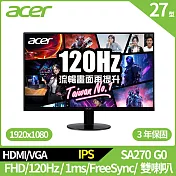 Acer SA270 G0 27型120Hz電腦螢幕(FHD,120Hz,1ms,HDMI,VGA,IPS)