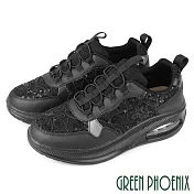 【GREEN PHOENIX】女 運動鞋 休閒鞋 氣墊鞋 懶人鞋 厚底 彈力 Q彈 直套式 免綁帶 EU36 黑色
