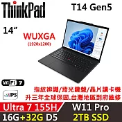 ★全面升級★【Lenovo】聯想 ThinkPad T14 Gen5 14吋 AI商務筆電 升三年保固 Ultra 7 155H 16G+32G/2TB SSD 黑