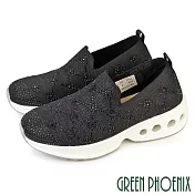 【GREEN PHOENIX】女 休閒鞋 健走鞋 懶人鞋 氣墊 透氣 直套式 厚底 彈力 紓壓 EU37 黑色