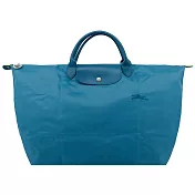 LONGCHAMP LE PLIAGE GREEN系列刺繡短把再生尼龍摺疊旅行袋(小) 孔雀藍