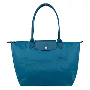 LONGCHAMP LE PLIAGE GREEN系列刺繡長把再生尼龍摺疊水餃包(大) 孔雀藍