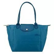 LONGCHAMP LE PLIAGE GREEN系列刺繡長把再生尼龍摺疊水餃包(中) 孔雀藍