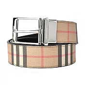 BURBERRY 素色經典格紋雙面針扣皮帶 卡其x黑