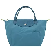 LONGCHAMP LE PLIAGE GREEN系列刺繡短把再生尼龍摺疊水餃包(小) 孔雀藍