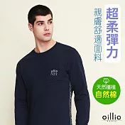 oillio歐洲貴族 精品男裝 長袖超柔圓領T恤 輕柔彈力 設計口袋 特色品牌織帶  M 藏青色