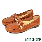 【GREEN PHOENIX】女 莫卡辛 休閒鞋 便鞋 平底鞋 馬銜釦 全真皮 台灣製 US8 棕色