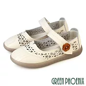 【GREEN PHOENIX】女 休閒鞋 便鞋 瑪莉珍鞋 平底鞋 沾黏式 全真皮 JP23 米色