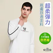 oillio歐洲貴族 精品大尺碼男裝 長袖圓領T恤 超柔彈力 簡約單品 品牌刺繡 L 白色