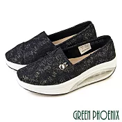 【GREEN PHOENIX】女 休閒鞋 健走鞋 懶人鞋 厚底 氣墊 彈力減壓 EU37 黑色