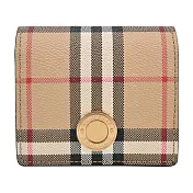BURBERRY 浮雕LOGO格紋皮革對開短夾 卡其