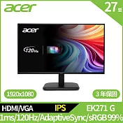 Acer EK271 G 27型120Hz電腦螢幕(FHD,120Hz,1ms,IPS,VGA,HDMI)