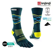 injinji Trail野跑避震吸排五趾中筒襪FX L 墨綠