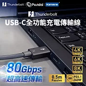 Pasidal Thunderbolt 5 充電傳輸線材 0.5M Passive (8K/120Gbps/240W/PD3.1) 80Gbps雙向頻寬 高速傳輸