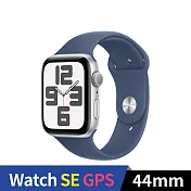 Apple Watch SE 2024 GPS 44mm 鋁金屬錶殼運動錶帶 (銀色+丹寧色運動錶帶SM)