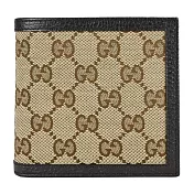 GUCCI 經典雙 LOGO緹花帆布皮革飾邊短夾(附零錢袋) 卡其