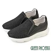 【GREEN PHOENIX】女 運動鞋 健走鞋 休閒鞋 懶人鞋 水鑽 彈力 厚底 真皮 EU37 黑色