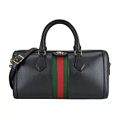 GUCCI Ophidia 帆布牛皮飾邊紅綠條紋斜背/波士頓包 黑