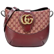 GUCCI Arli GG織布皮革拼接磁釦斜肩背包 酒紅