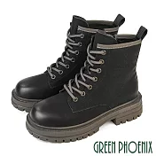 【GREEN PHOENIX】女 馬丁靴 短靴 軍靴 綁帶 厚底 全真皮 短筒 EU38 黑色