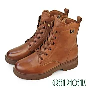 【GREEN PHOENIX】女 短靴 馬丁靴 軍靴 全真皮 厚底 綁帶 短筒 EU37 棕色