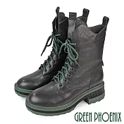 【GREEN PHOENIX】女 短靴 馬丁靴 軍靴 機車靴 全真皮 厚底 綁帶 EU37 黑色