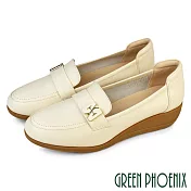 【GREEN PHOENIX】女 樂福鞋 包鞋 便鞋 厚底 楔型 真皮  EU39 米色