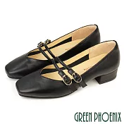 【GREEN PHOENIX】女 跟鞋 包鞋 便鞋 奶奶鞋 瑪莉珍 方頭 OL 通勤 真皮 US5.5 黑色