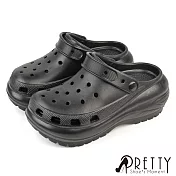 【Pretty】女 洞洞鞋 雨鞋 布希鞋 穆勒鞋 涼拖鞋 兩穿 防水 鞋釦 厚底 JP24.5 黑色
