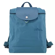 LONGCHAMP LE PLIAGE GREEN系列刺繡再生尼龍摺疊後背包(中) 孔雀藍