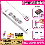 Tyson太順電業 314DC PD快充20W延長線 (3孔1切4座) 1.8米