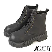 【Pretty】女 馬丁靴 短靴 綁帶靴 軍靴 黃靴 厚底 拉鍊 短筒 刷毛  EU37 黑色