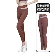 【STizi史堤茲】拚色提臀收腹緊身瑜珈褲 跑步長褲 運動褲(SK-031) M 焦糖