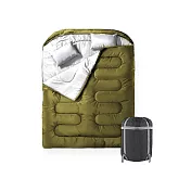 [野一夏] 可拆式可機洗多功能雙人睡袋組｜贈枕頭2入＋收納袋｜露營登山保暖睡袋 單雙人兩用 防潑水透氣  -軍綠