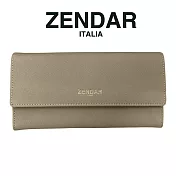 【ZENDAR】限量1折 頂級小牛皮十字紋翻蓋長夾 米蘭系列 全新專櫃展示品(米灰色 送禮盒提袋)