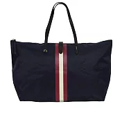 BALLY 經典紅白條紋可折疊尼龍大款托特包(附收納袋) (墨藍色)