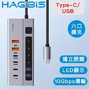 HAGiBiS海備思 獨立開關 六口Type-C/USB 10G傳輸/快充數顯轉接器