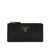 PRADA 金色浮雕Logo 防刮皮革拉鍊卡片夾/零錢包 (黑色)