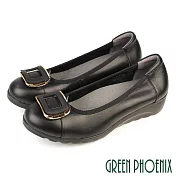 【GREEN PHOENIX】女 娃娃鞋 包鞋 便鞋 真皮 楔型 小坡跟 OL面試通勤 EU35 黑色