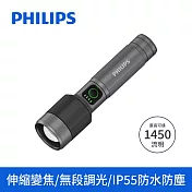 【Philips 飛利浦】長距離1450流明IP55防水變焦鋁合金手電筒 登山/露營/居家/地震/Type C充電(SFL2101)